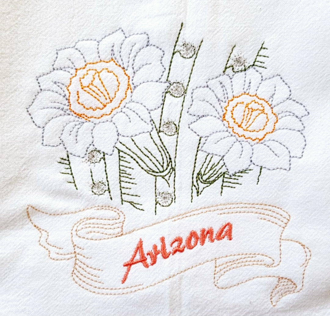 Arizona State Cactus Wren OR State Flower Saguaro Cactus Blossom Machine Embroidered Flour Sack Dish Towel