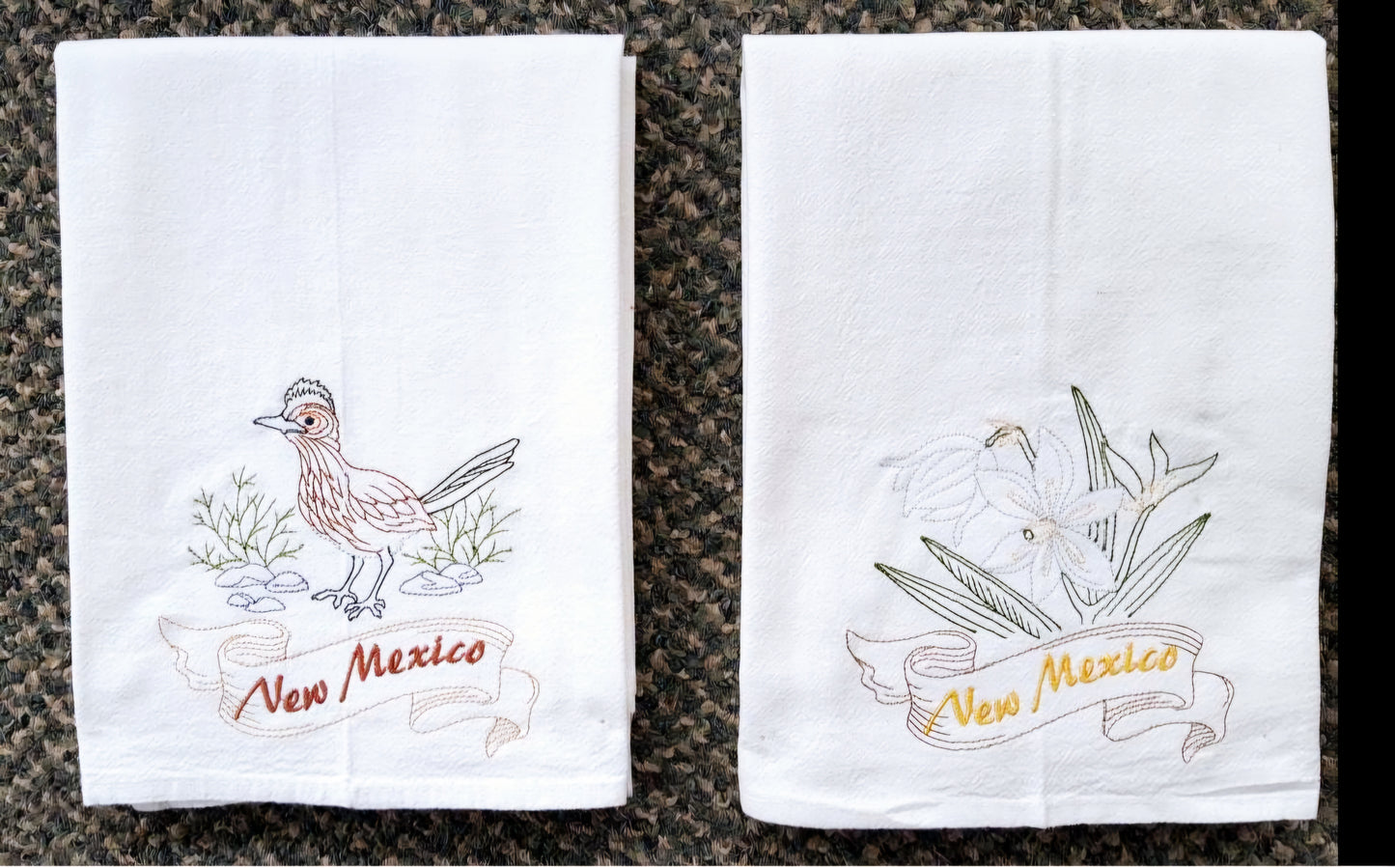 New Mexico State Bird Roadrunner OR State Flower Yucca Flower Machine Embroidered Flour Sack Dish Towels