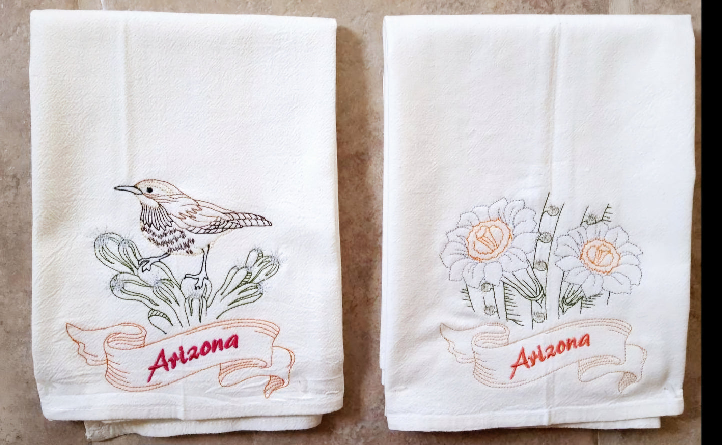 Arizona State Cactus Wren OR State Flower Saguaro Cactus Blossom Machine Embroidered Flour Sack Dish Towel