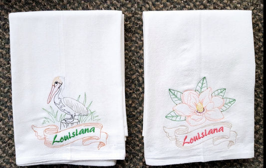 Louisiana State Bird Eastern Brown Pelican OR State Flower Magnolia Machine Embroidered Flour Sack Dish Towels