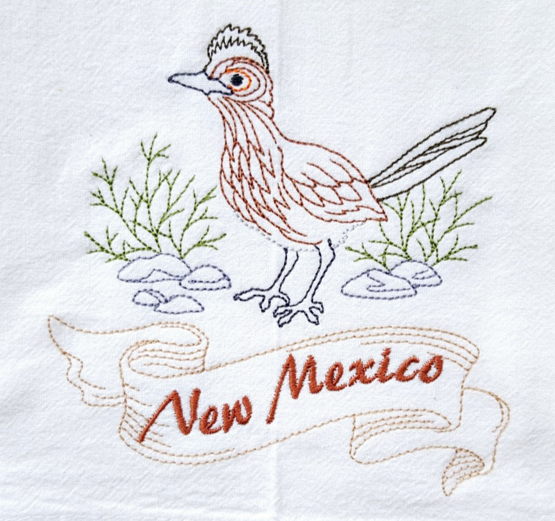 New Mexico State Bird Roadrunner OR State Flower Yucca Flower Machine Embroidered Flour Sack Dish Towels