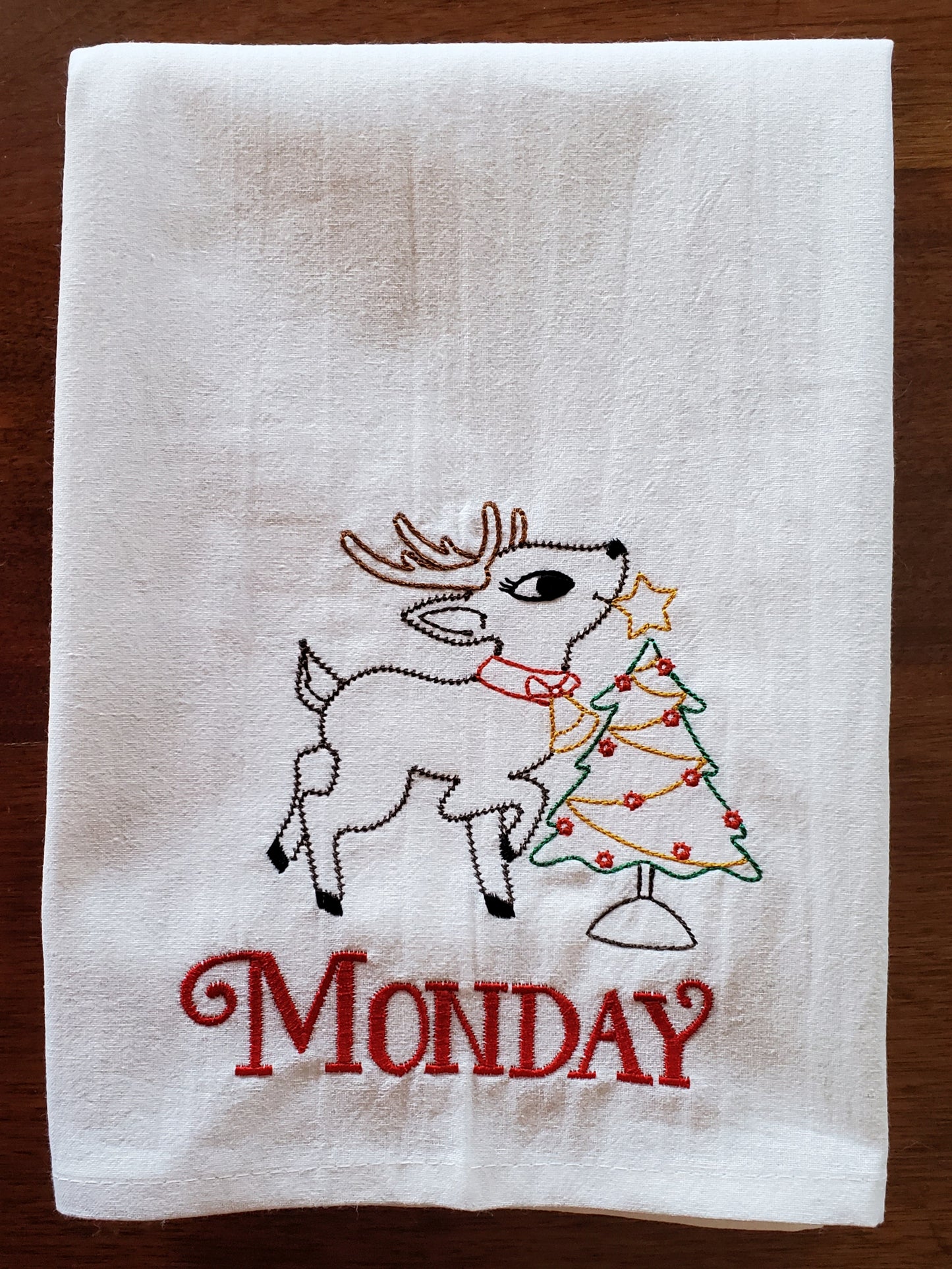 Christmas Retro Reindeer Days of the Week Embroidered Flour Sack Towels