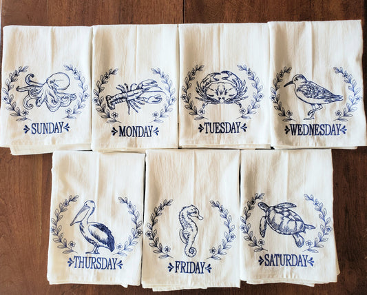 Coastal Creatures Days of the Week Machine Embroidered Flour Sack Dish Towels