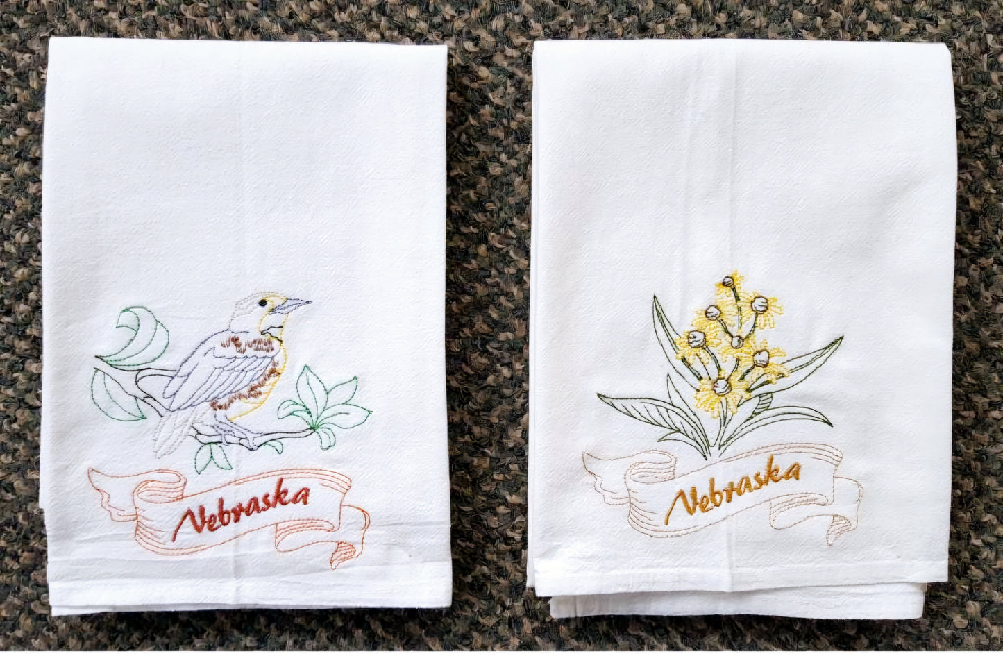 Nebraska State Bird Western Meadowlark OR State Flower Goldenrod Machine Embroidered Flour Sack Dish Towels