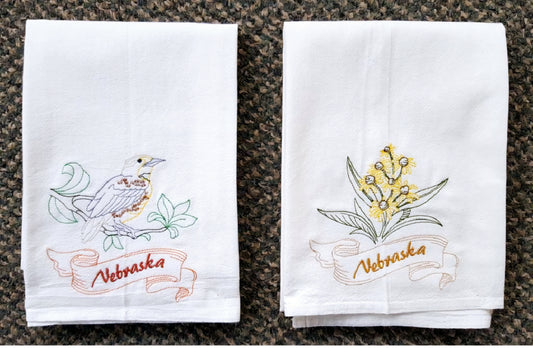 Nebraska State Bird Western Meadowlark OR State Flower Goldenrod Machine Embroidered Flour Sack Dish Towels