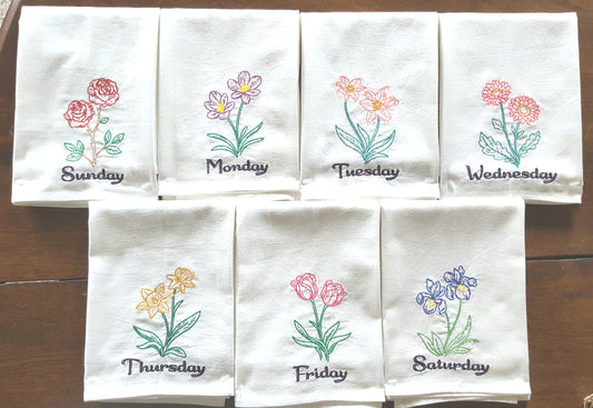 Vintage Flowers Days of the Week Machine Embroidered Flour Sack Dish Towels