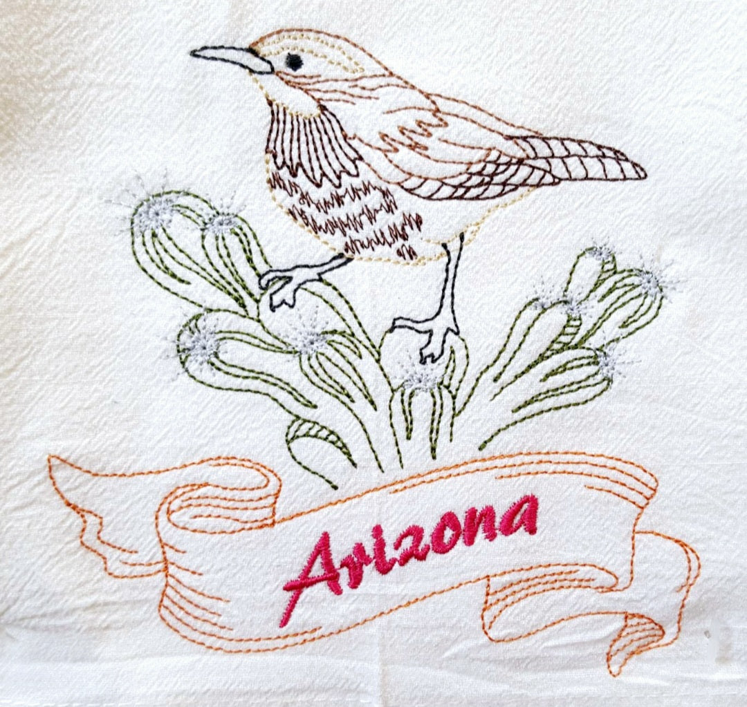 Arizona State Cactus Wren OR State Flower Saguaro Cactus Blossom Machine Embroidered Flour Sack Dish Towel