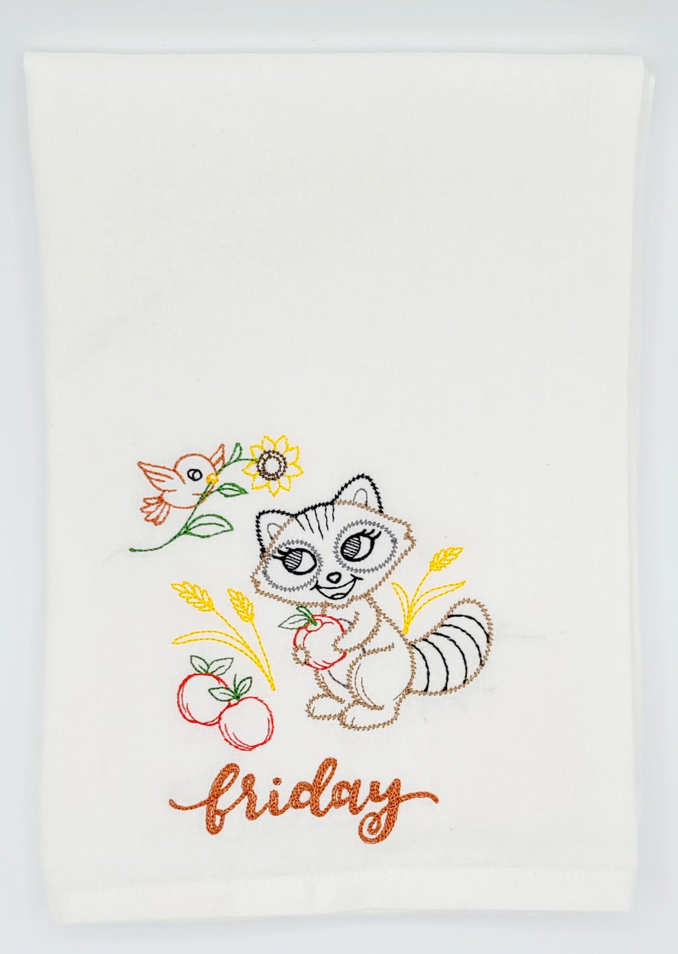 Autumn Woodland Pals Days of the Week Machine Embroidered Flour Sack Dish Towels