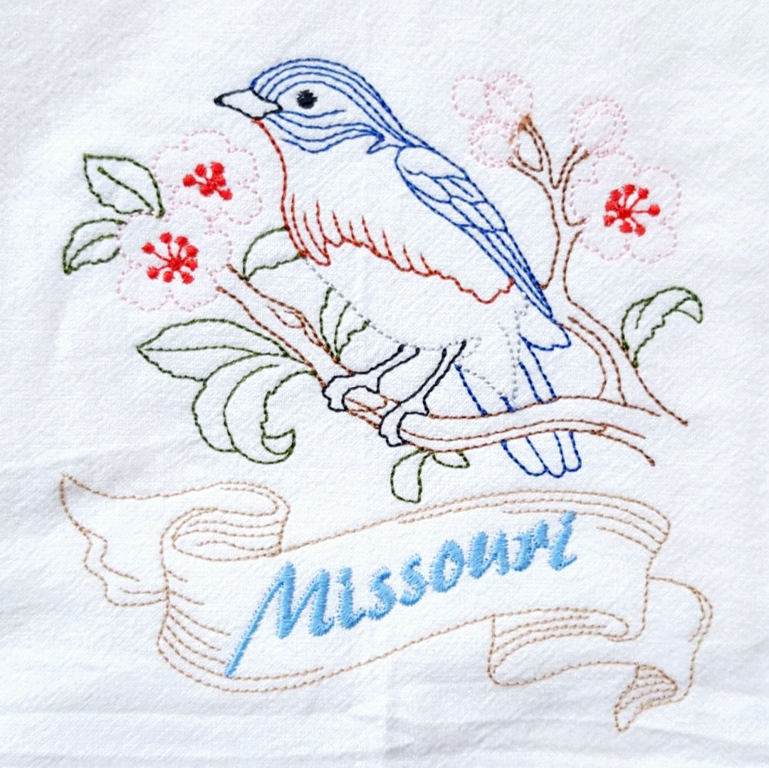 Missouri State Bird Bluebird OR State Flower Hawthorn Machine Embroidered Flour Sack Dish Towels