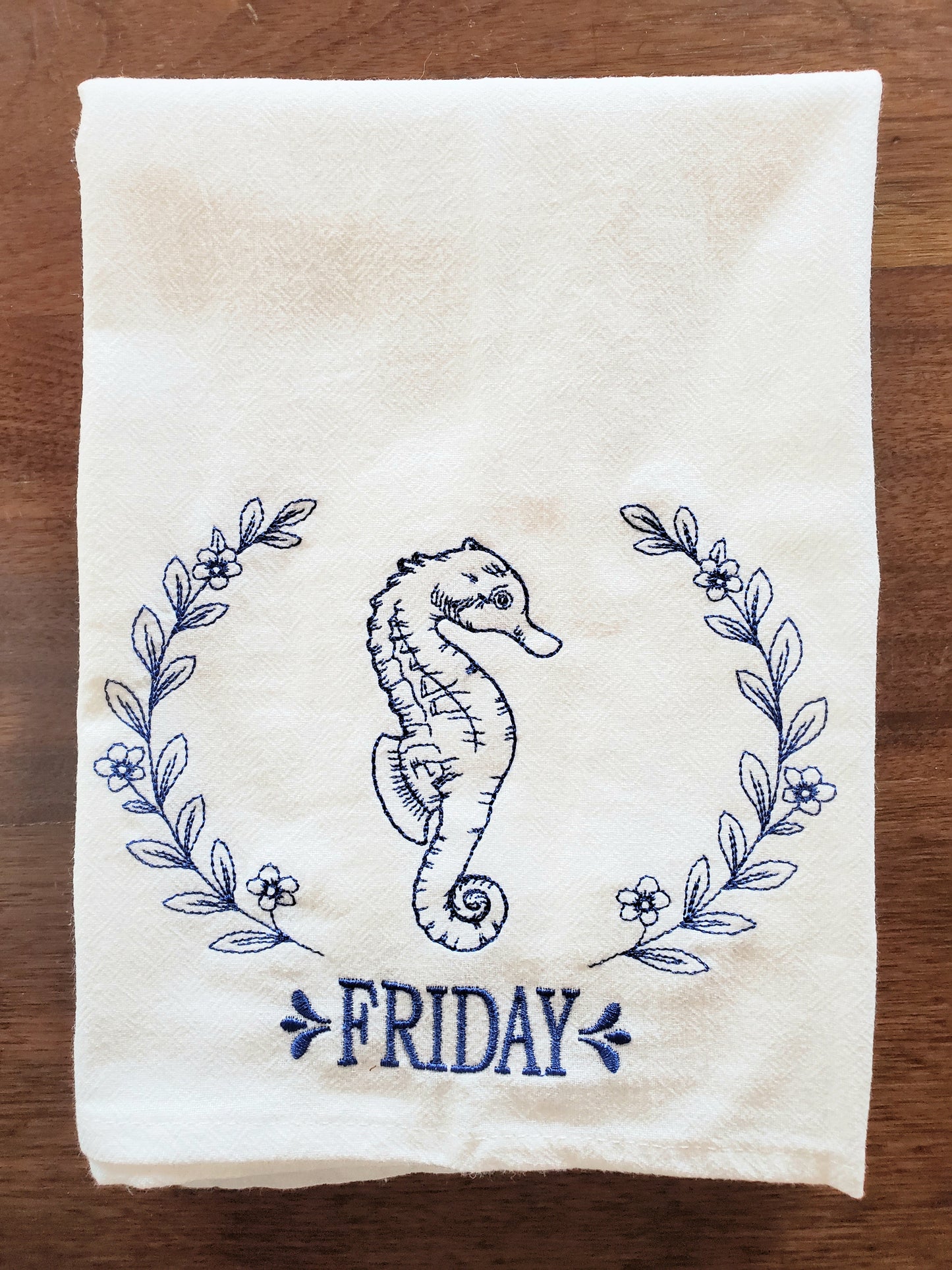 Coastal Creatures Days of the Week Machine Embroidered Flour Sack Dish Towels