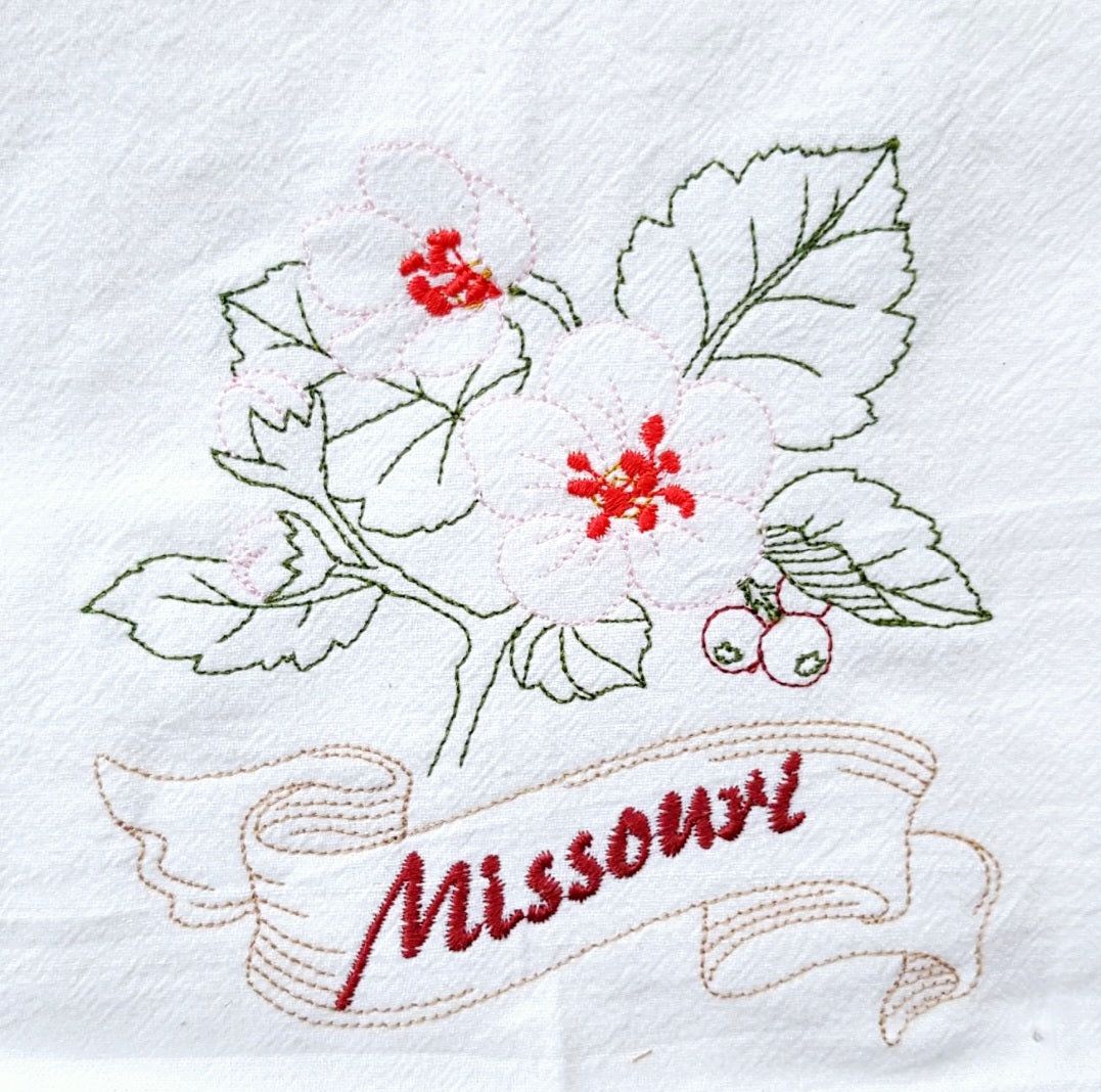 Missouri State Bird Bluebird OR State Flower Hawthorn Machine Embroidered Flour Sack Dish Towels