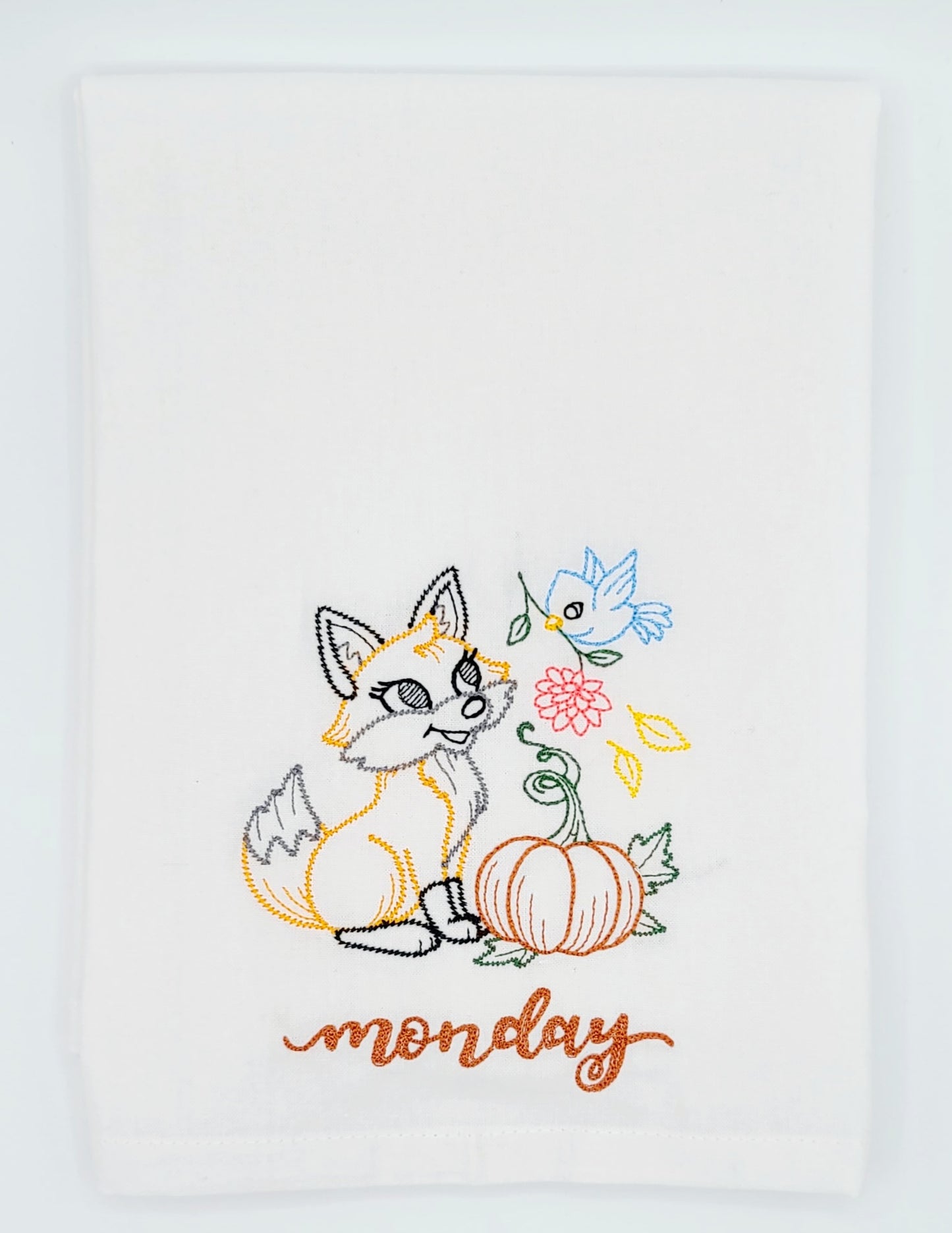 Autumn Woodland Pals Days of the Week Machine Embroidered Flour Sack Dish Towels