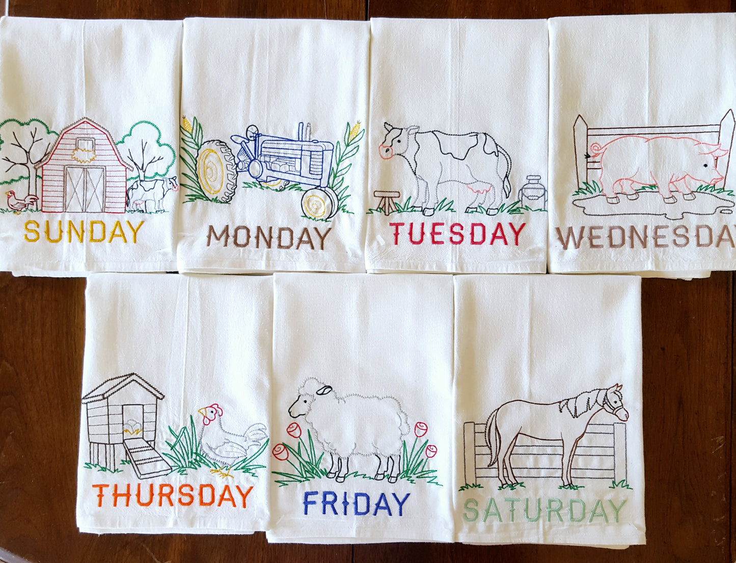 Farm Life Days of the Week Embroidered Flour Sack Towels