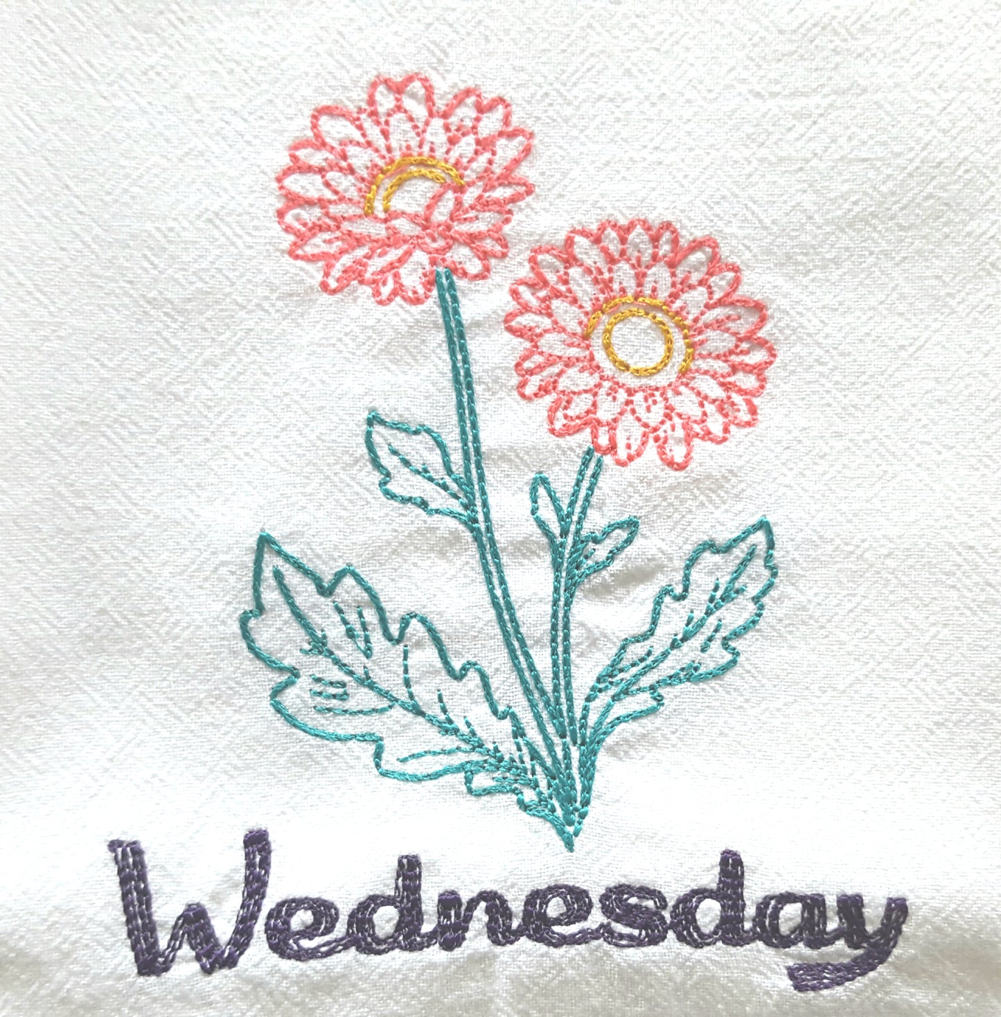 Vintage Flowers Days of the Week Machine Embroidered Flour Sack Dish Towels