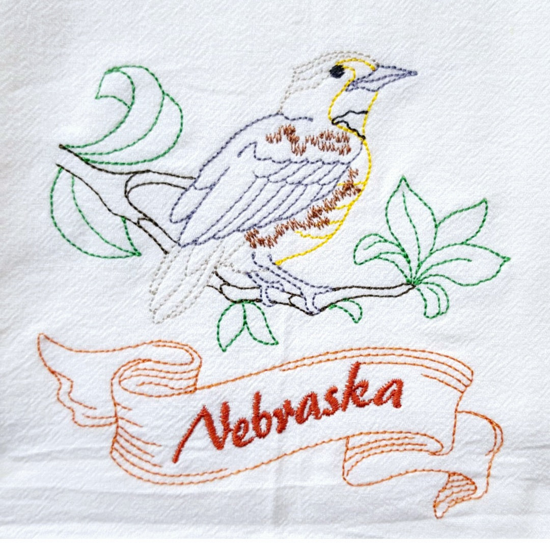 Nebraska State Bird Western Meadowlark OR State Flower Goldenrod Machine Embroidered Flour Sack Dish Towels