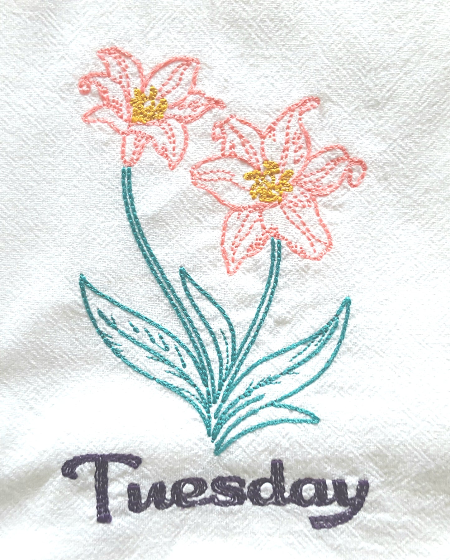 Vintage Flowers Days of the Week Machine Embroidered Flour Sack Dish Towels