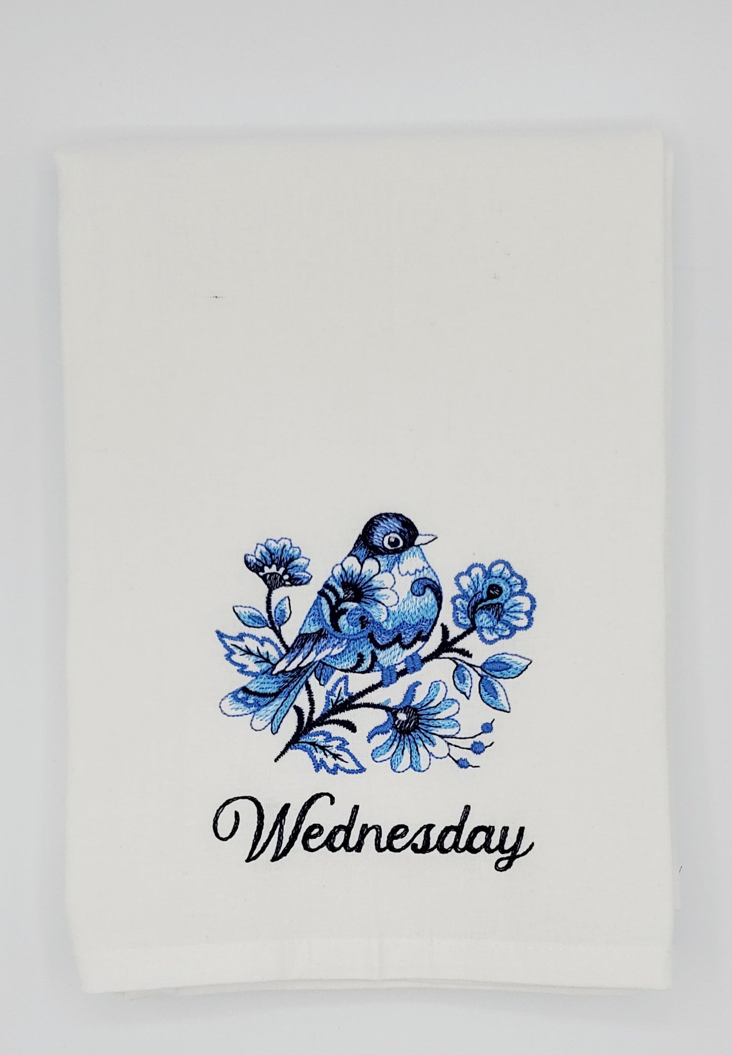 Delft Blue Birds Days of the Week Machine Embroidered Flour Sack Dish Towels