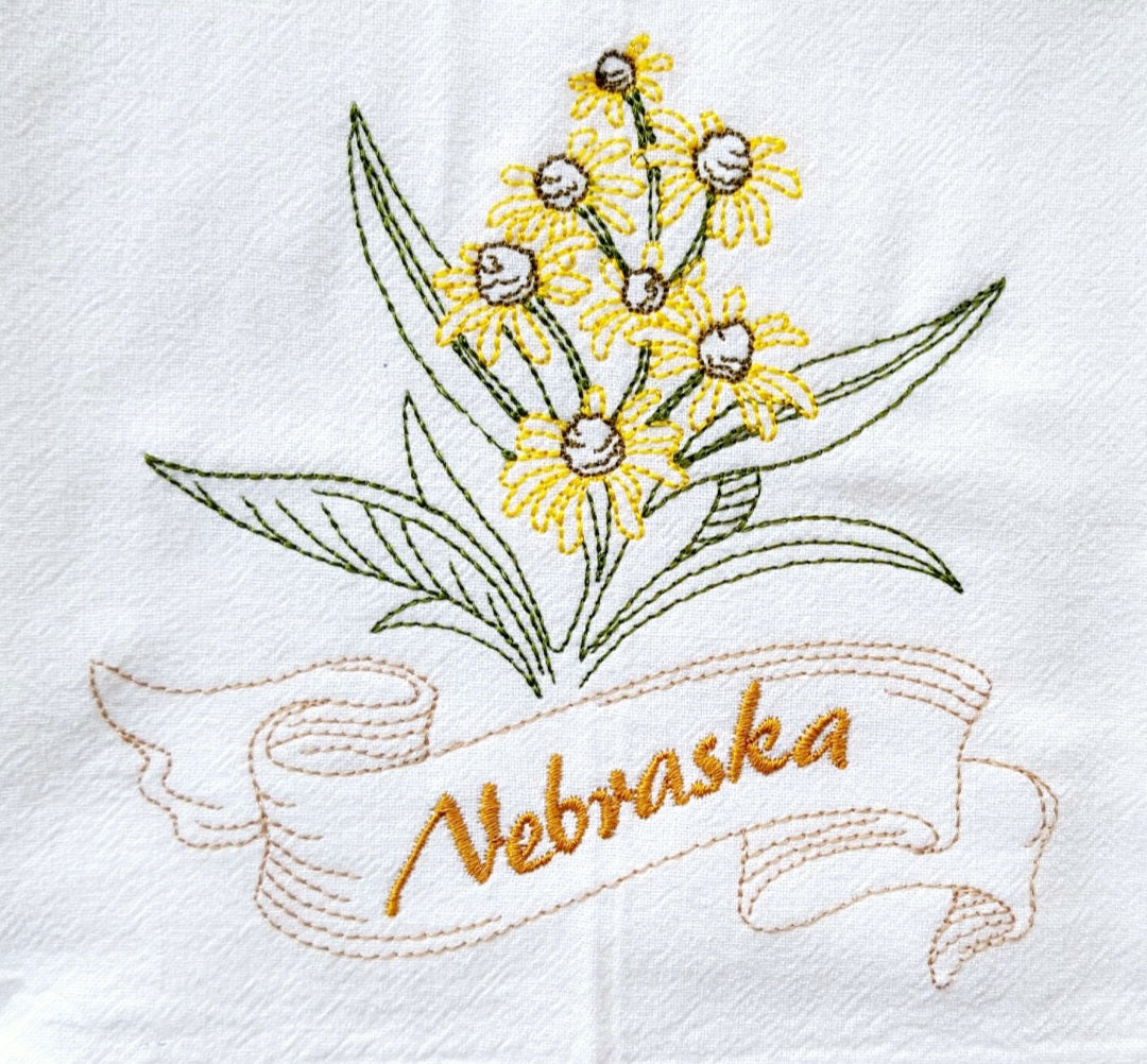 Nebraska State Bird Western Meadowlark OR State Flower Goldenrod Machine Embroidered Flour Sack Dish Towels