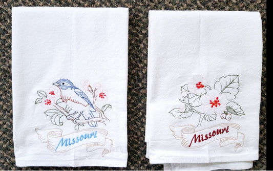 Missouri State Bird Bluebird OR State Flower Hawthorn Machine Embroidered Flour Sack Dish Towels