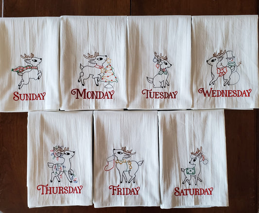 Christmas Retro Reindeer Days of the Week Embroidered Flour Sack Towels