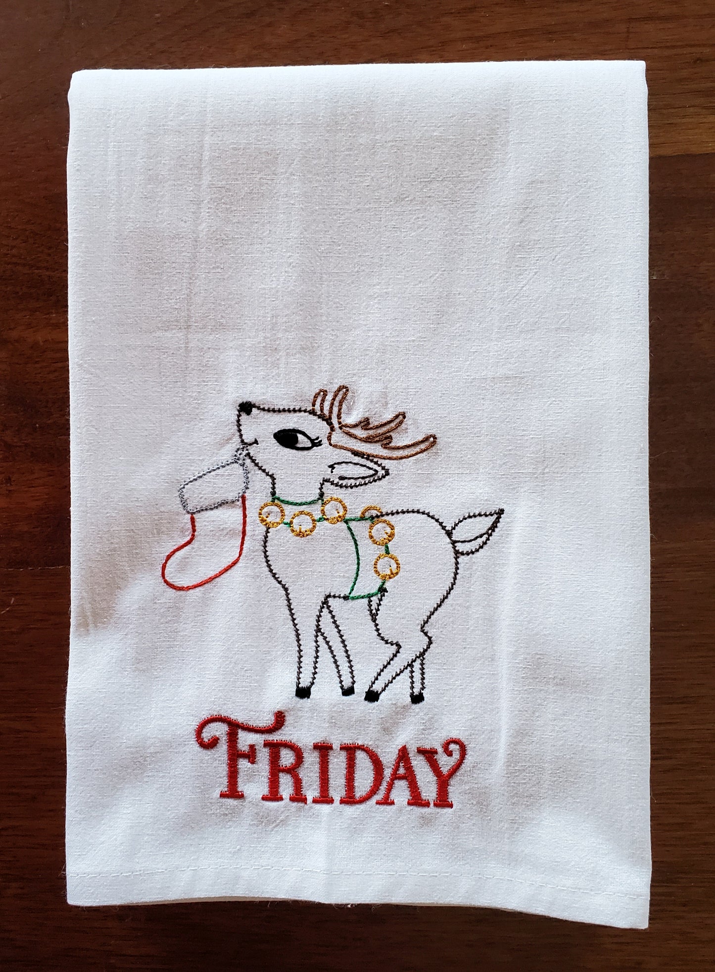 Christmas Retro Reindeer Days of the Week Embroidered Flour Sack Towels