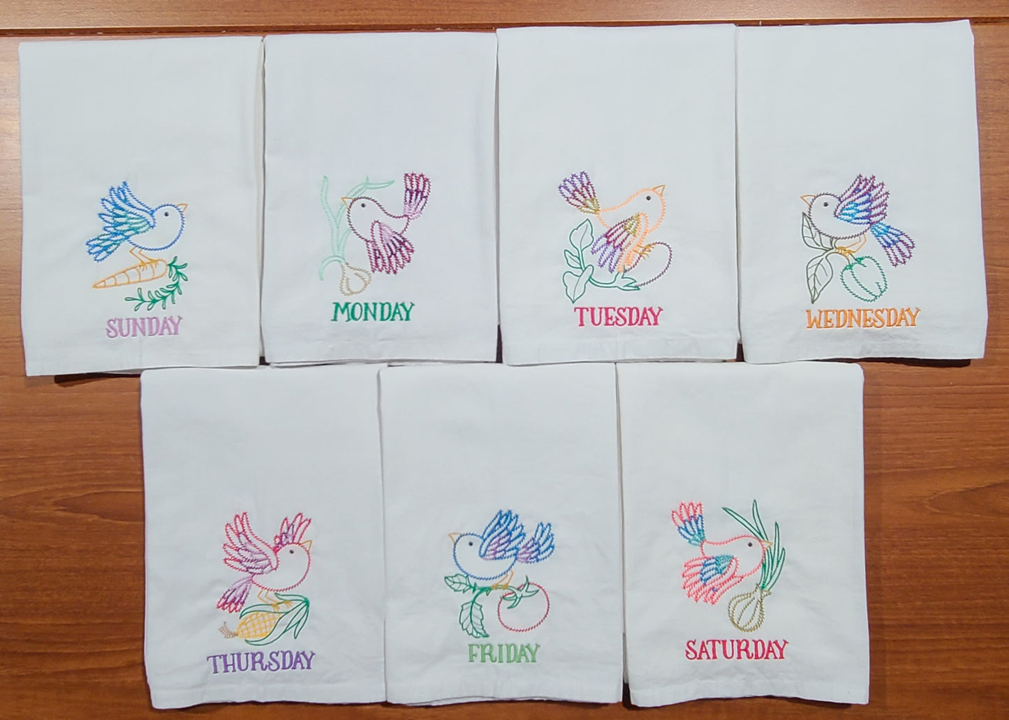 Birds and Vegetables Days of the Week Embroidered Flour Sack Towels