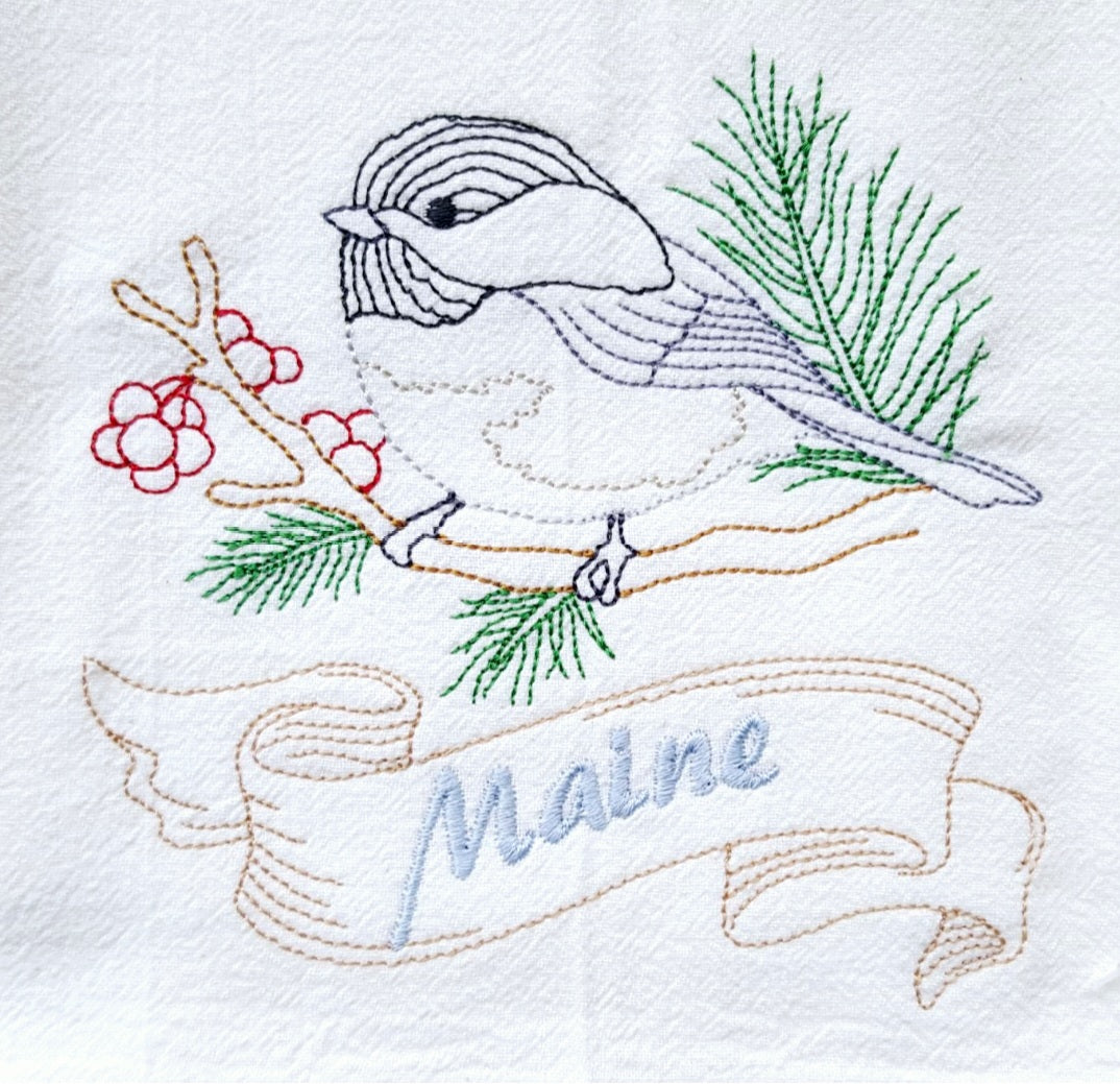 Maine State Bird Chickadee OR State Flower White Pine Cone and Tassel Flour Sack Towels